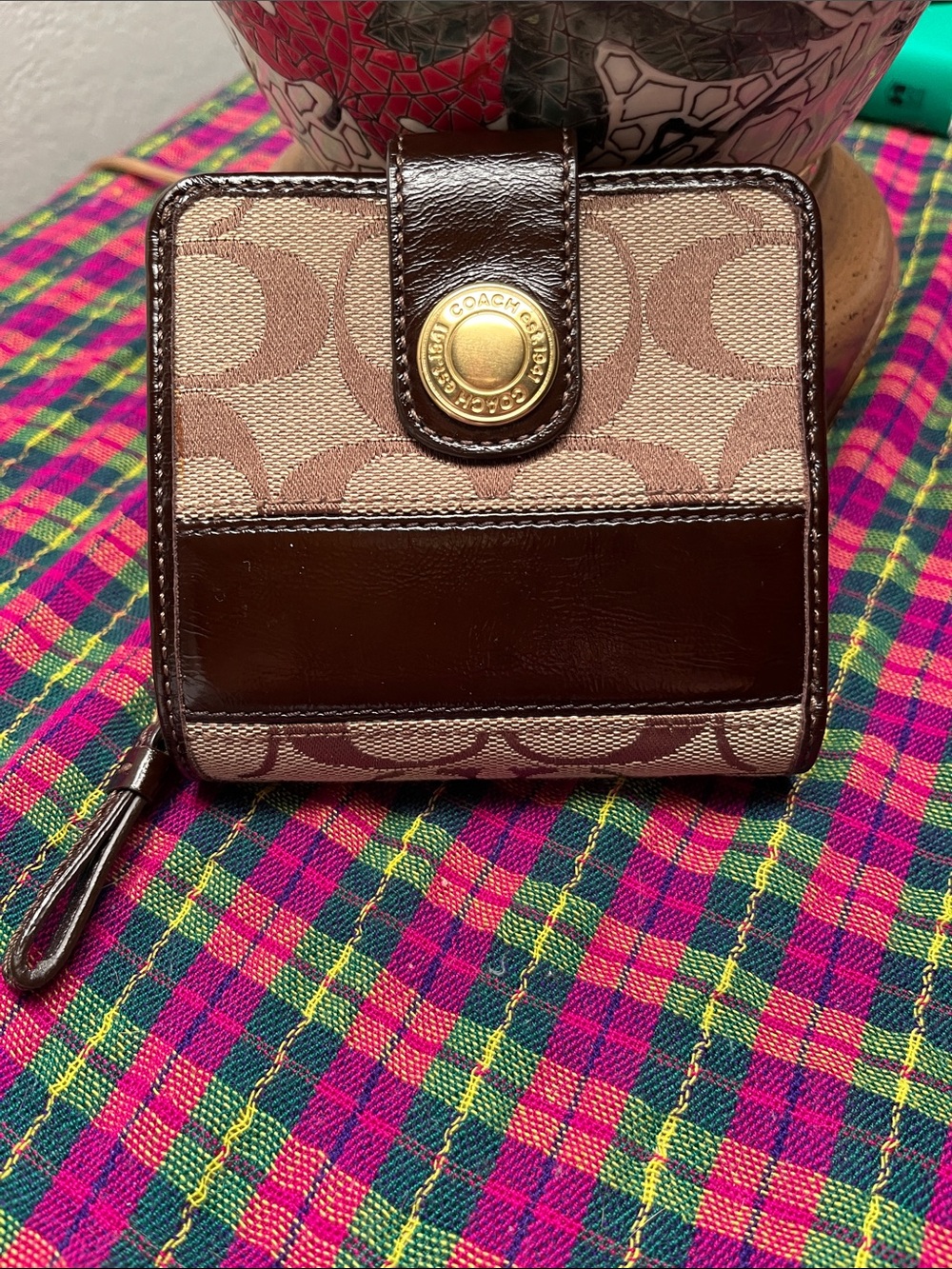 Coach  Signature  Vintage Canvas Wallet  Dark Brown Leather Trim
